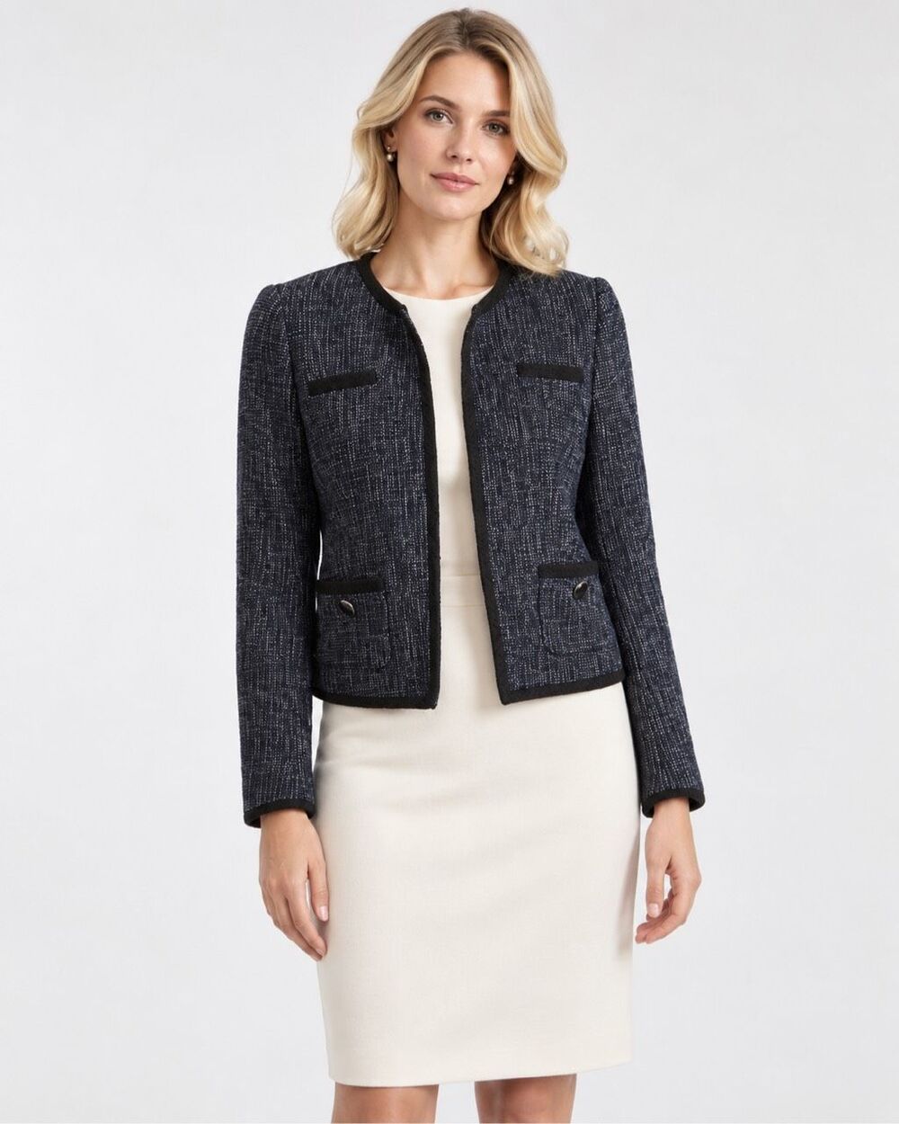 Hobbs London Navy Tweed Boucle Collarless Cropped Jacket Blazer US 8